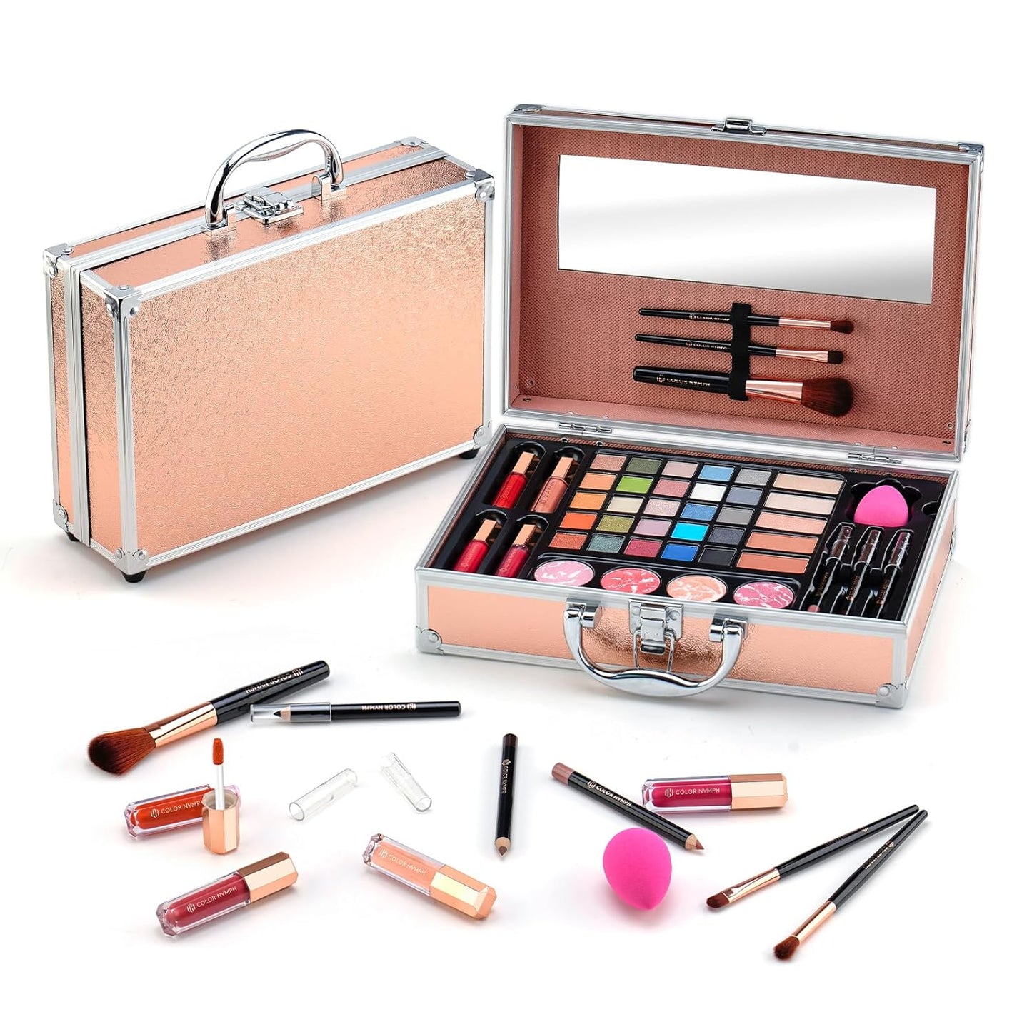 Makeup Kit for Women,All in One Makeup Gift Set for Girls in Cosmetic Train Case (Gold) With Mirror,Full Starter Cosmetic Kit Includes Eyeshadow Palette,Lipgloss,Blushes