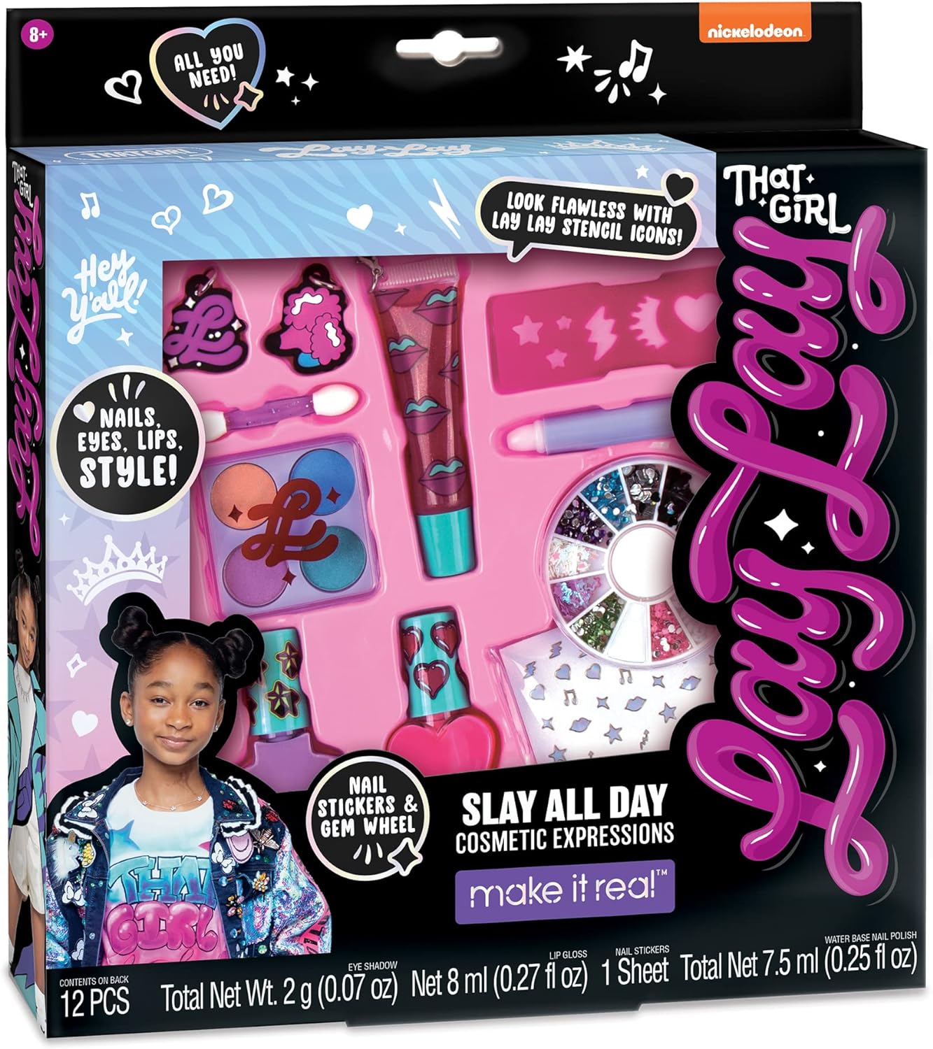 Make It Real That Girl Lay Lay Slay All Day Cosmetic Expressions - Kids Makeup for Teens & Girls with Lip Gloss, Eyeshadow, Nail Polish, Nail Stickers & More - Beginner Makeup Kit for Girls 8-10-12-14