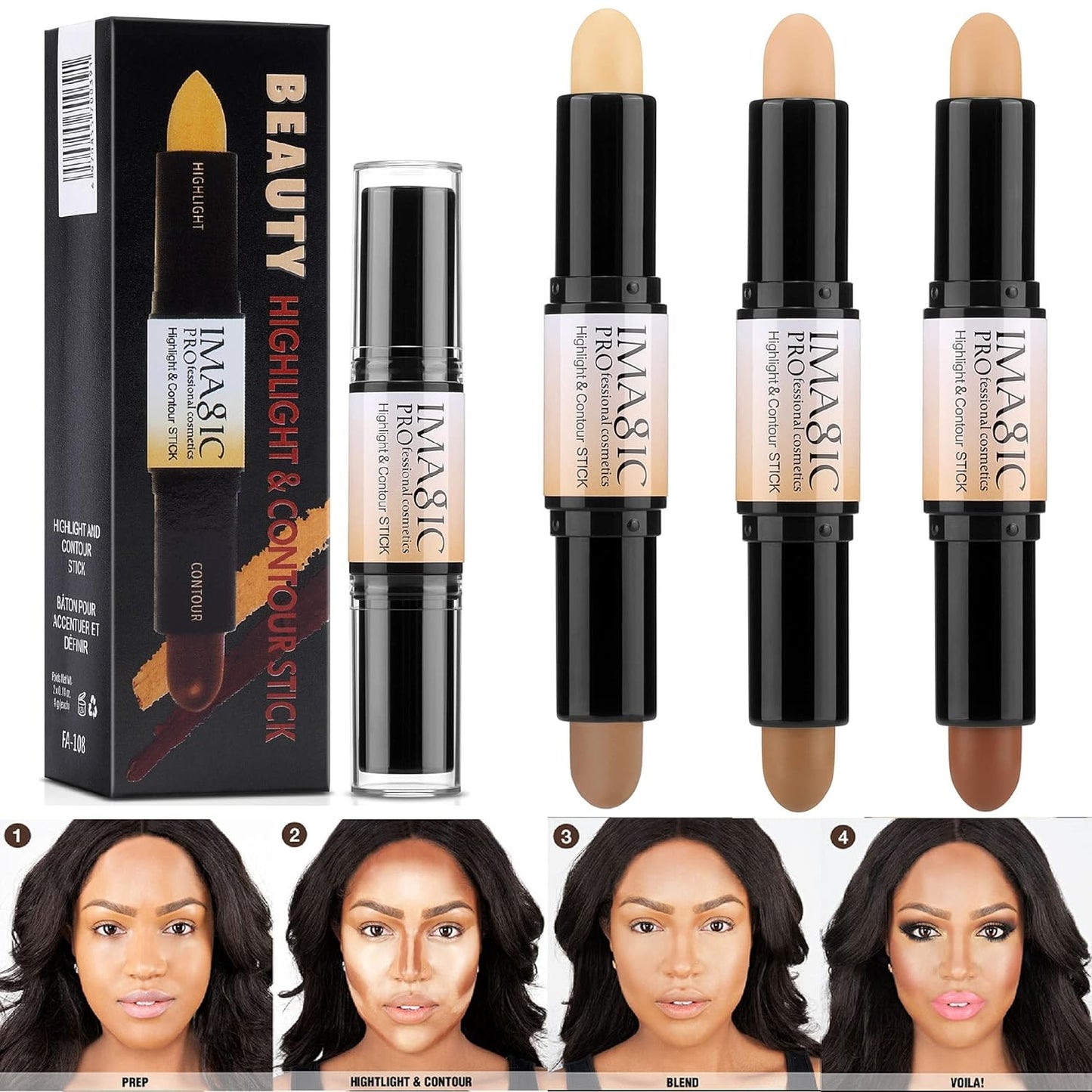 Wismee 3Pcs Dual-Ended Contour Stick, 6 Colors Contour and Highlighters Stick Brightening Concealer Contouring Pen Kit for Light Dark Skin Face Makeup Cosmetic Foundation Creamy Set for Women Girls