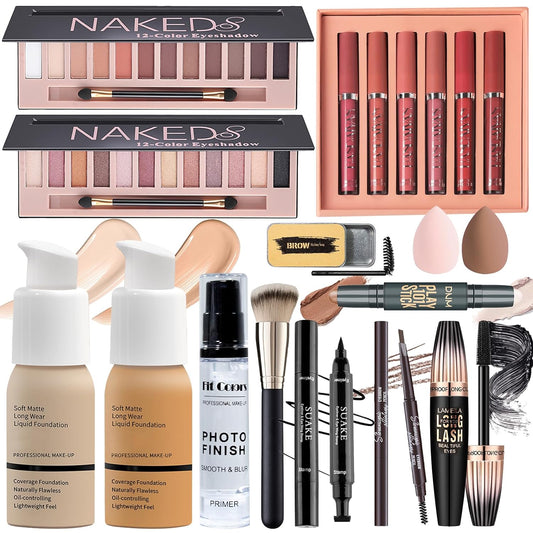 YBUETE All In One Full Makeup Set Kit for Women Girls Teens, Makeup Gift Set, Foundation Face Primer, Eyeshadow Eyeliner Eyebrow Pencil Soap Mascara, Counter Stick Liquid Lipsticks, Brush & Sponges