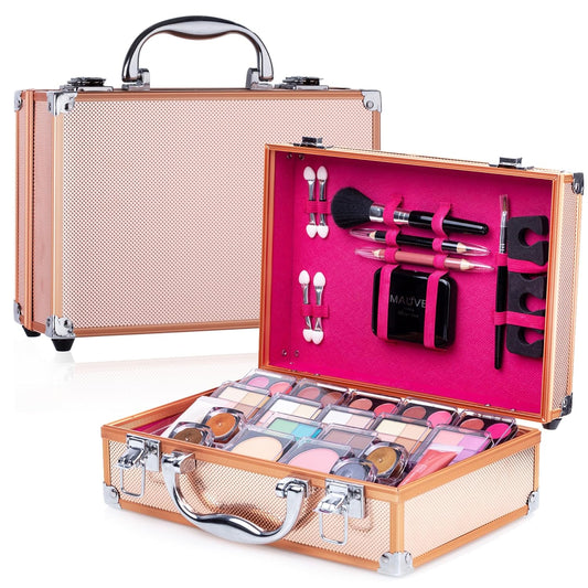 DUER LIKA Makeup Kit for Girls and Women-Carry All Makeup Train Case with Pro Makeup and Full Starter Cosmetics Set (GOLD)