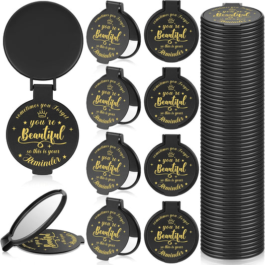 36 Pcs 2.76 Inch Inspirational Compact Mirror Bulk Round Makeup Glass Mirror Personal Purse Pocket Mini Mirror Gifts for Women Girls Coworker Nurse Friends (Black)