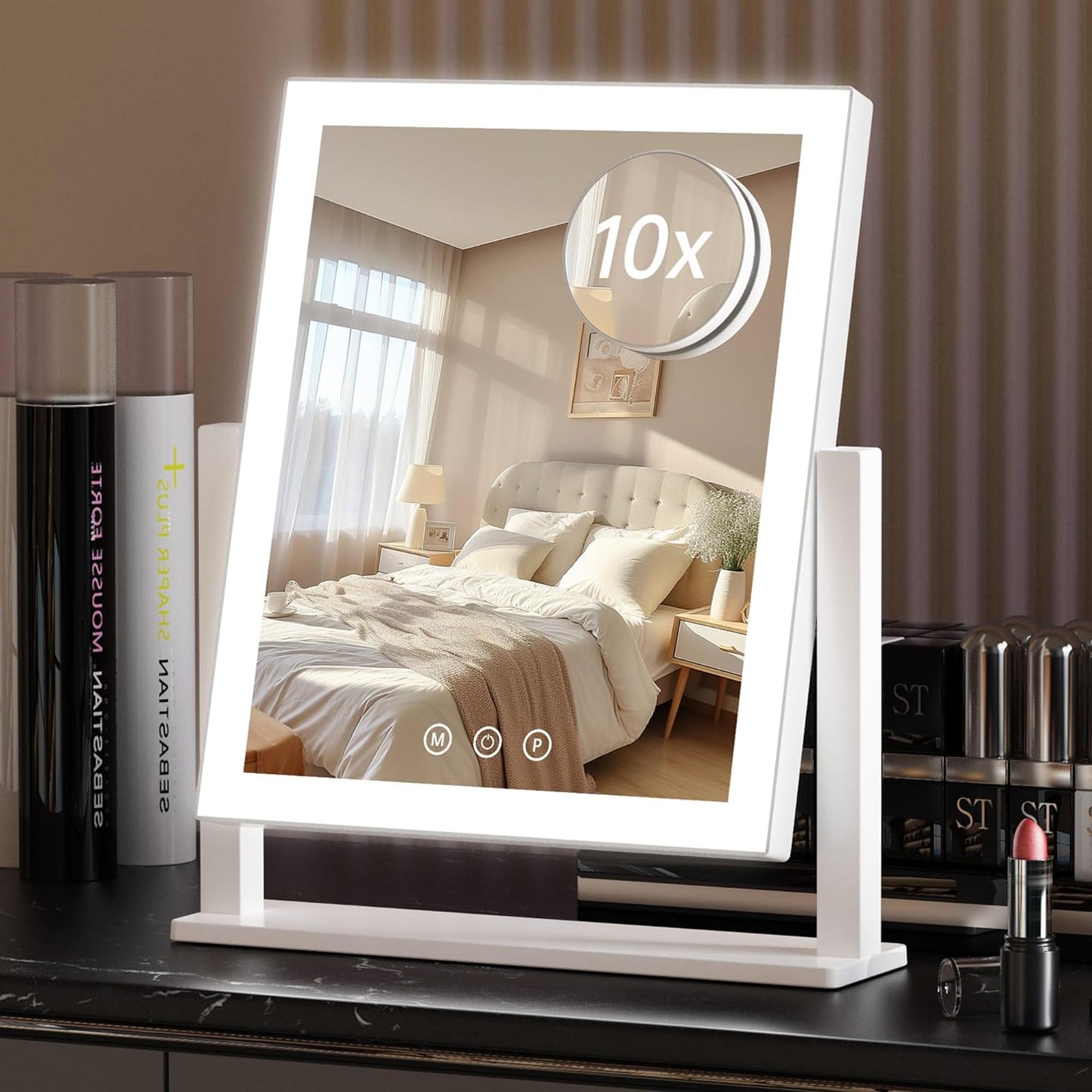 Lighted Makeup Mirror, Hollywood Vanity Mirror with Lights, 3 Color Lighting Modes,Detachable 10X Magnification Mirror, Smart Touch Control,360°Rotation(12in. White)