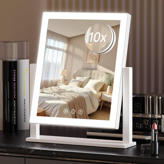 Lighted Makeup Mirror, Hollywood Vanity Mirror with Lights, 3 Color Lighting Modes,Detachable 10X Magnification Mirror, Smart Touch Control,360°Rotation(12in. White)