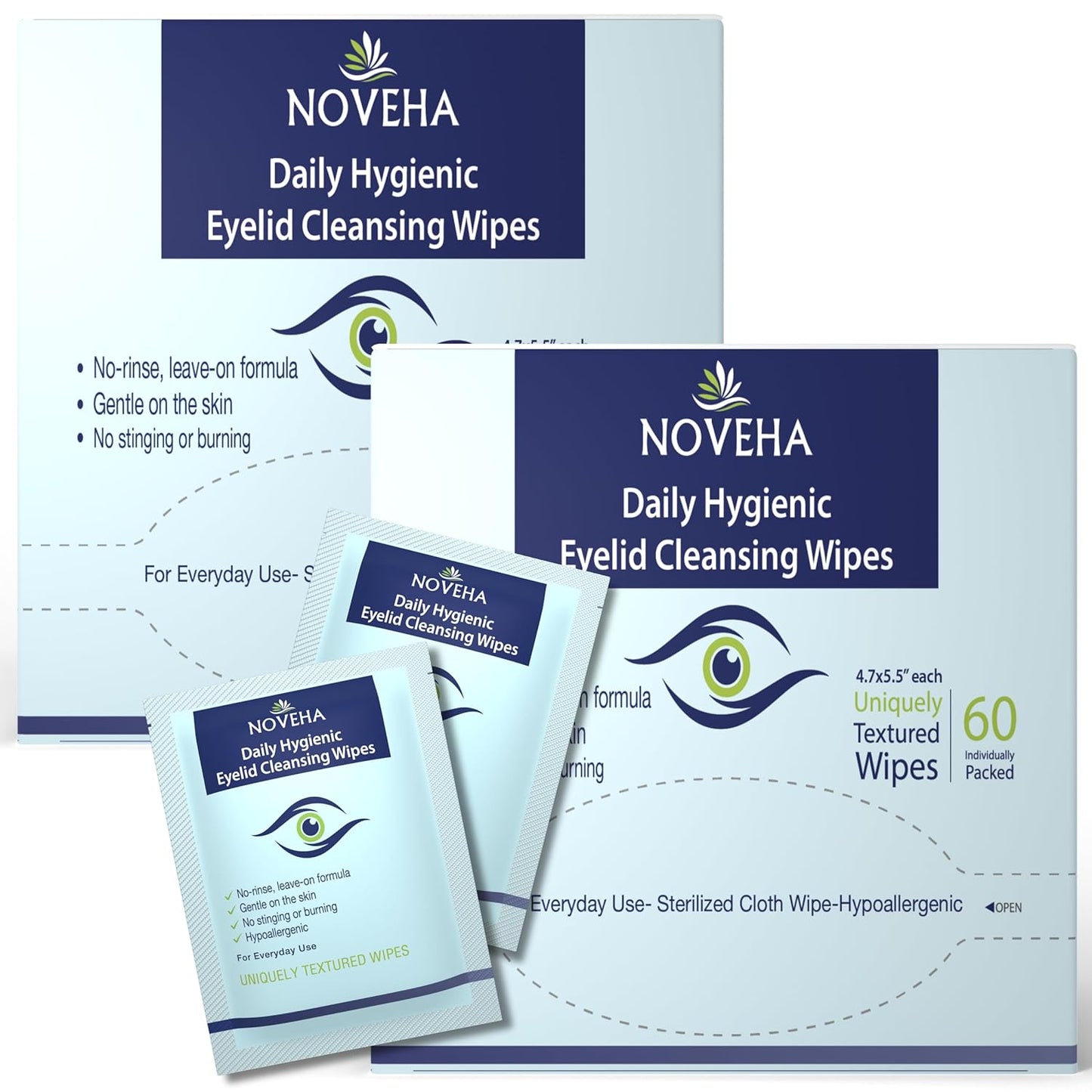 NOVEHA Daily Hygienic Eyelid & Lash Wipes | 120 Individually Wrapped Cleansing Eyelash Wipes - For Blepharitis & Itchy Eyes, Demodex and Natural Makeup Remover & Daily Cleanser