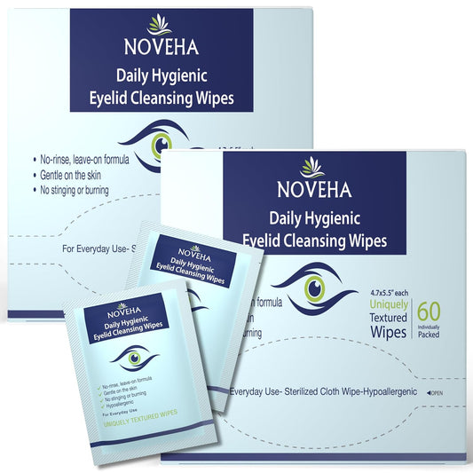 NOVEHA Daily Hygienic Eyelid & Lash Wipes | 120 Individually Wrapped Cleansing Eyelash Wipes - For Blepharitis & Itchy Eyes, Demodex and Natural Makeup Remover & Daily Cleanser