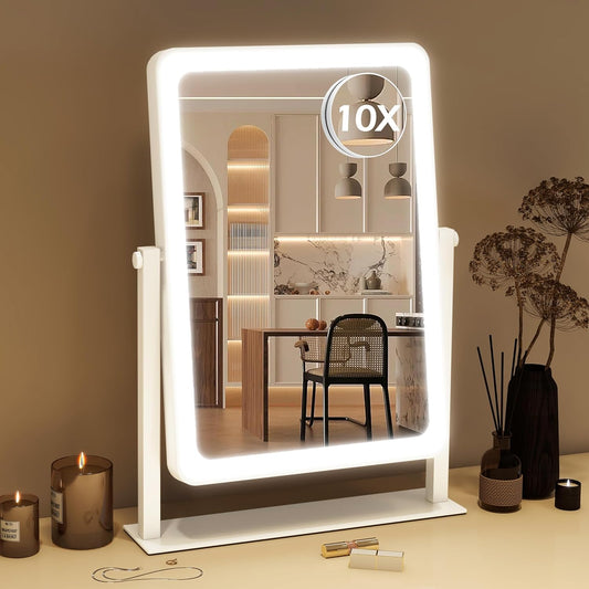 FENNIO Vanity Mirror with Lights, 12" x 16" Lighted Makeup Mirror with Smart Touch Control, 3 Color Modes & Brightness Adjustable, LED Makeup Mirror with 10X Magnification, 360° Rotation for Bedroom