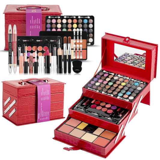 Maùve Professional Leather Train Case with Mirror Makeup Kit (Eyeshadow, Blushes, Powder, Lipstick & More) Holiday Exclusive MU12 (RED)