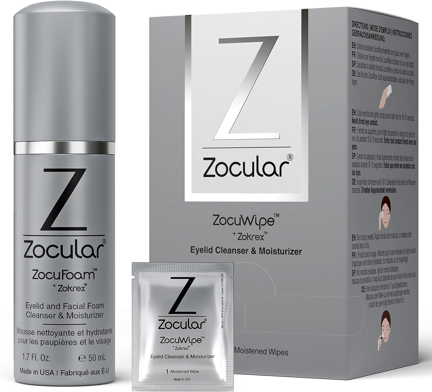 Zocuwipe Eyelid Wipes with Okra Complex - Eyelid Cleanser and Moisturizer Pads 40ct + Zocular ZocuFoam Eyelid Cleanser Bundle