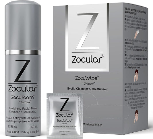 Zocuwipe Eyelid Wipes with Okra Complex - Eyelid Cleanser and Moisturizer Pads 40ct + Zocular ZocuFoam Eyelid Cleanser Bundle