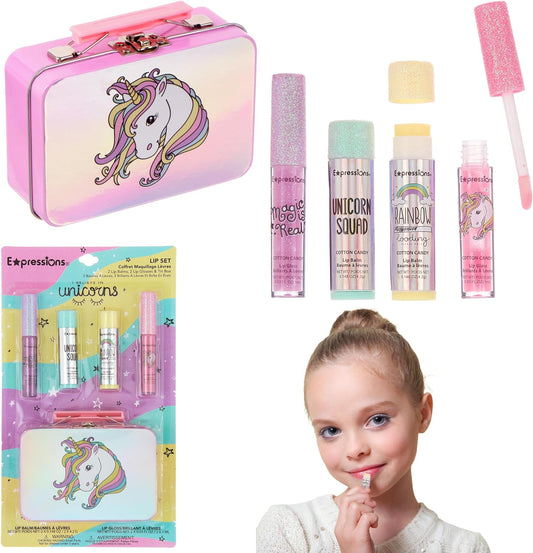 Expressions - 5pc Cosmetics Lip Kit For Kids w/Lip Glosses, Lip Balms & Tin Box Storage Case,"I Believe in Unicorns" Hologrpahic,Washable + Non Toxic