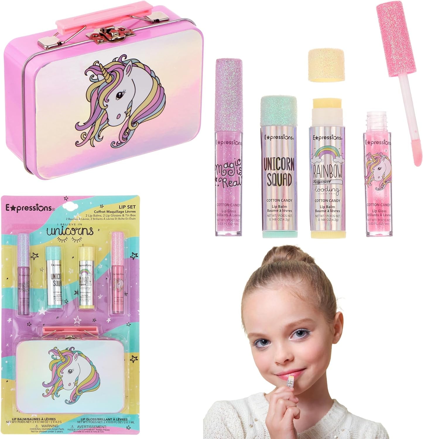 Expressions - 5pc Cosmetics Lip Kit For Kids w/Lip Glosses, Lip Balms & Tin Box Storage Case,"I Believe in Unicorns" Hologrpahic,Washable + Non Toxic