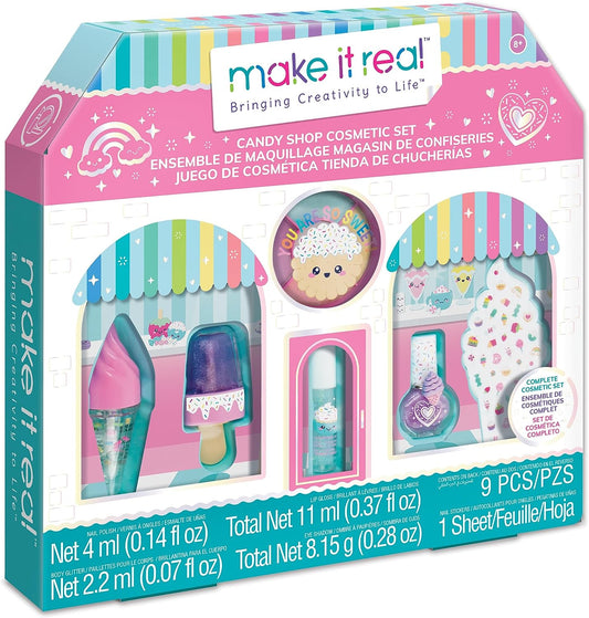 Make It Real: Candy Shop Cosmetic Set - 9 pcs, Vanilla & Strawberry Scented Cosmetics, Ice-Cream Shaped Glosses, Beauty Kit, Tweens, Girls & Kids Ages 8+