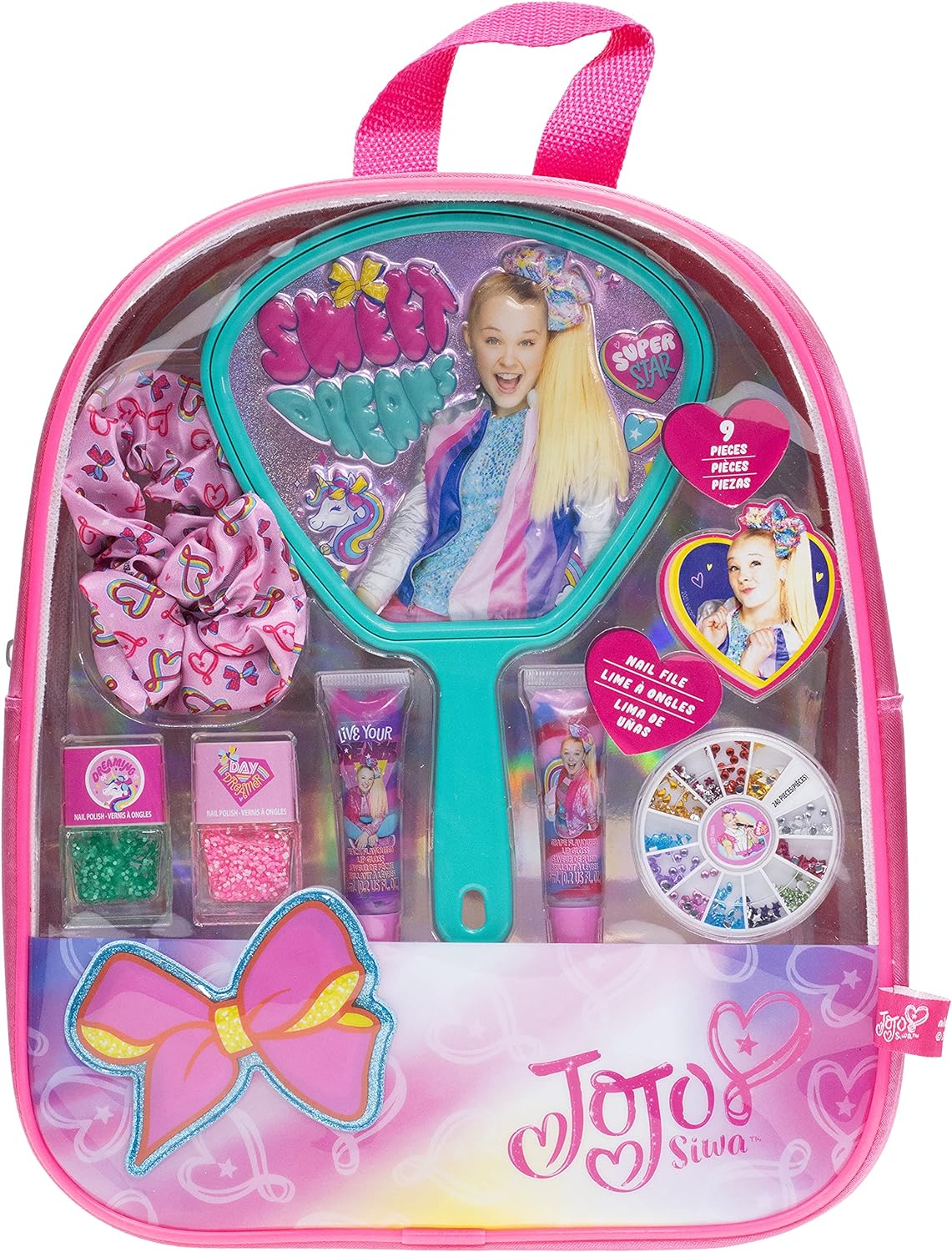 JoJo Siwa - Townley Girl Backpack Cosmetic Activity Set for Girls, Ages 3+ Makeup Hair Salon Kit Including Scrunchie, Mirror, Nail Polish, Lip Gloss and More, for Parties, Sleepovers and Makeovers