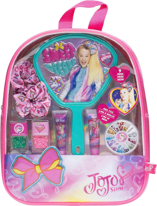 JoJo Siwa - Townley Girl Backpack Cosmetic Activity Set for Girls, Ages 3+ Makeup Hair Salon Kit Including Scrunchie, Mirror, Nail Polish, Lip Gloss and More, for Parties, Sleepovers and Makeovers