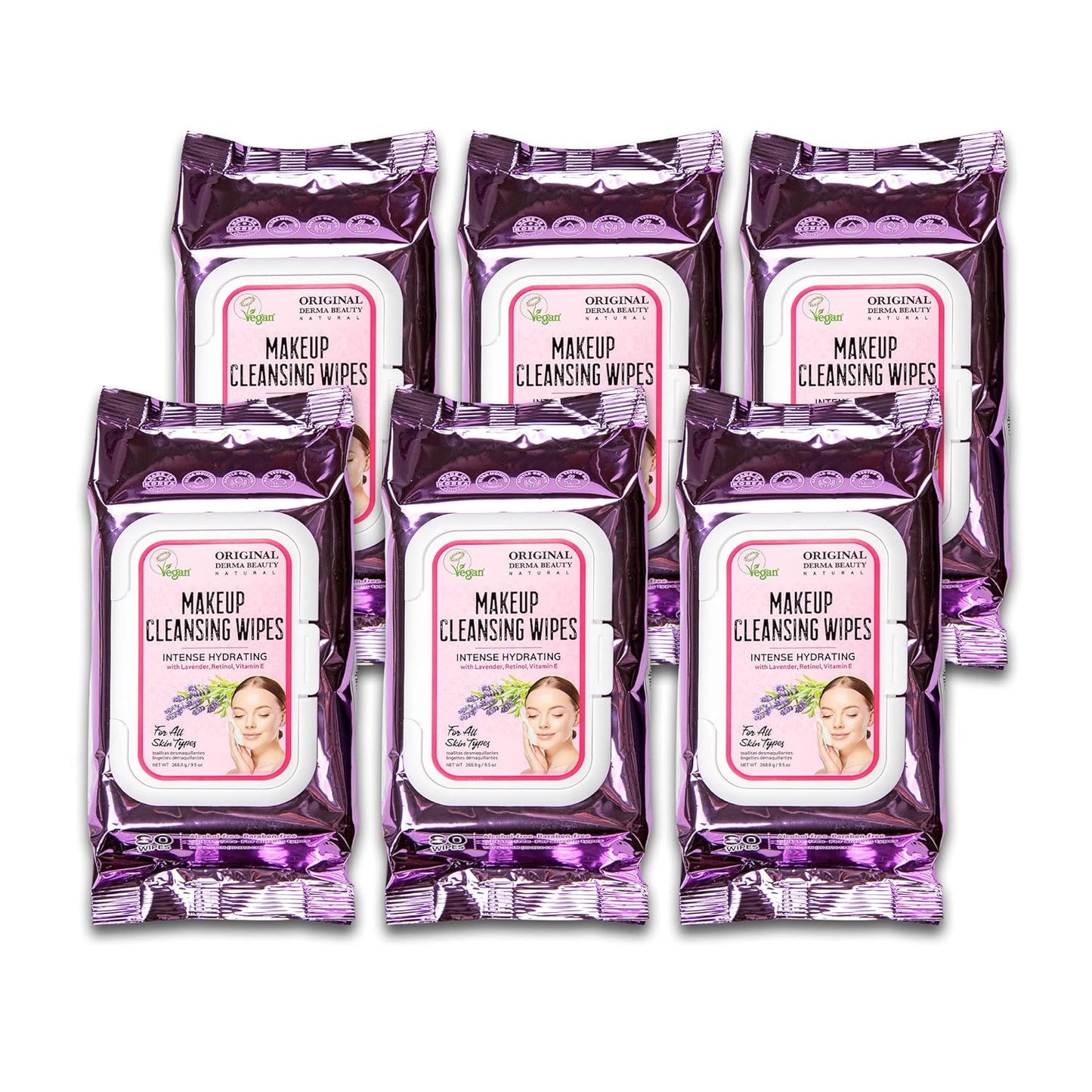 6PK (480ct) Makeup Remover Wipes Face Cleanser I Makeup Cleanser Wipes - Avocado Oil, Hyaluronic Acid, Lavender, Jojoba Oil (Lavender)