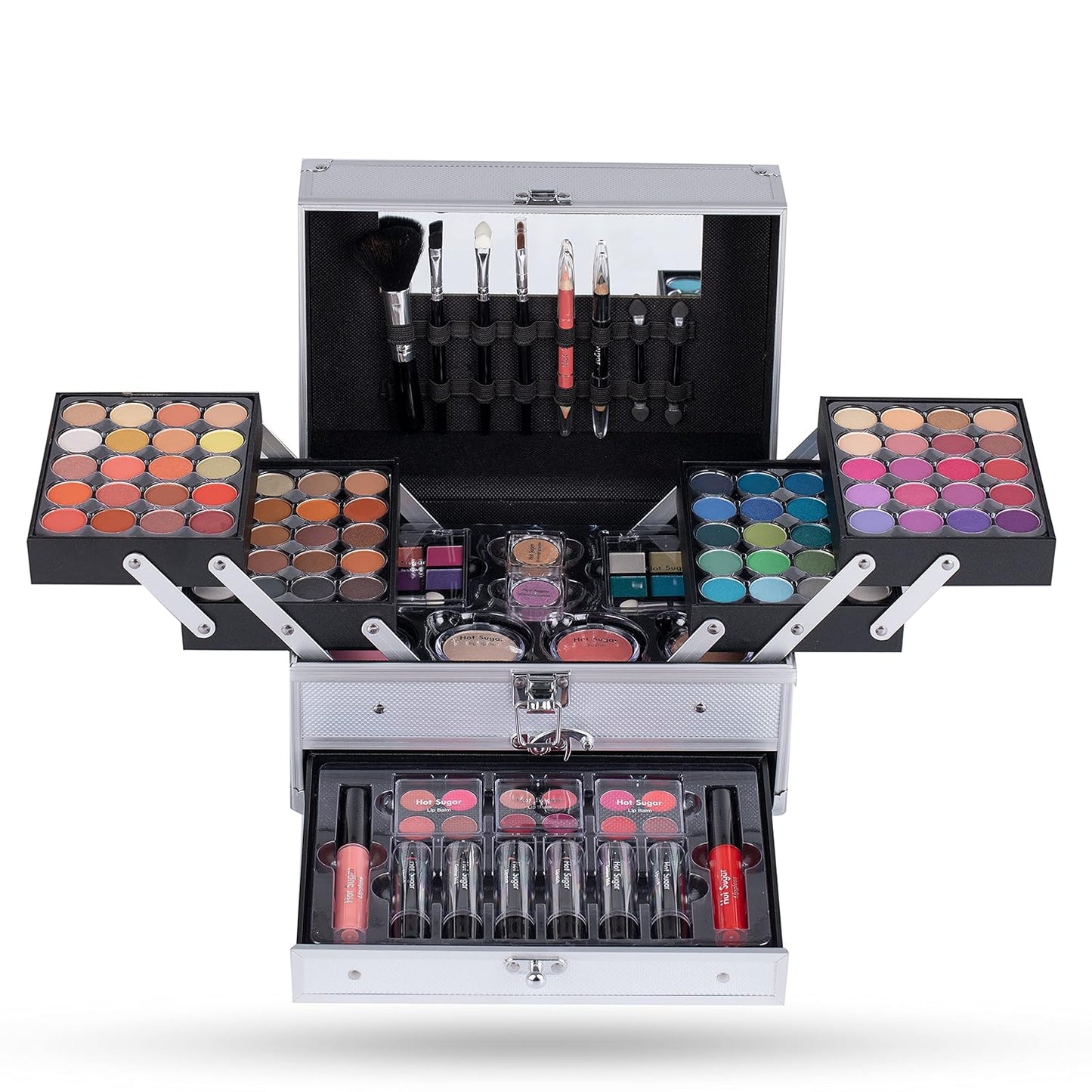 Hot Sugar Girls Makeup Set for Teenagers Beginners Adults Professionals with Reusable Trendy Silver Cosmetic Box Includes Everything for A Full Face Makeup Eyeshadow Lip Gloss Blush Brush Lipstick