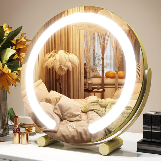 Gold Vanity Mirror, 12 Inch Makeup Mirror with Lights, Large Lighted Vanity Mirror, Light Up Mirror with Smart Touch 3 Colors Dimmable, Tabletop Mirror, 360° Rotation