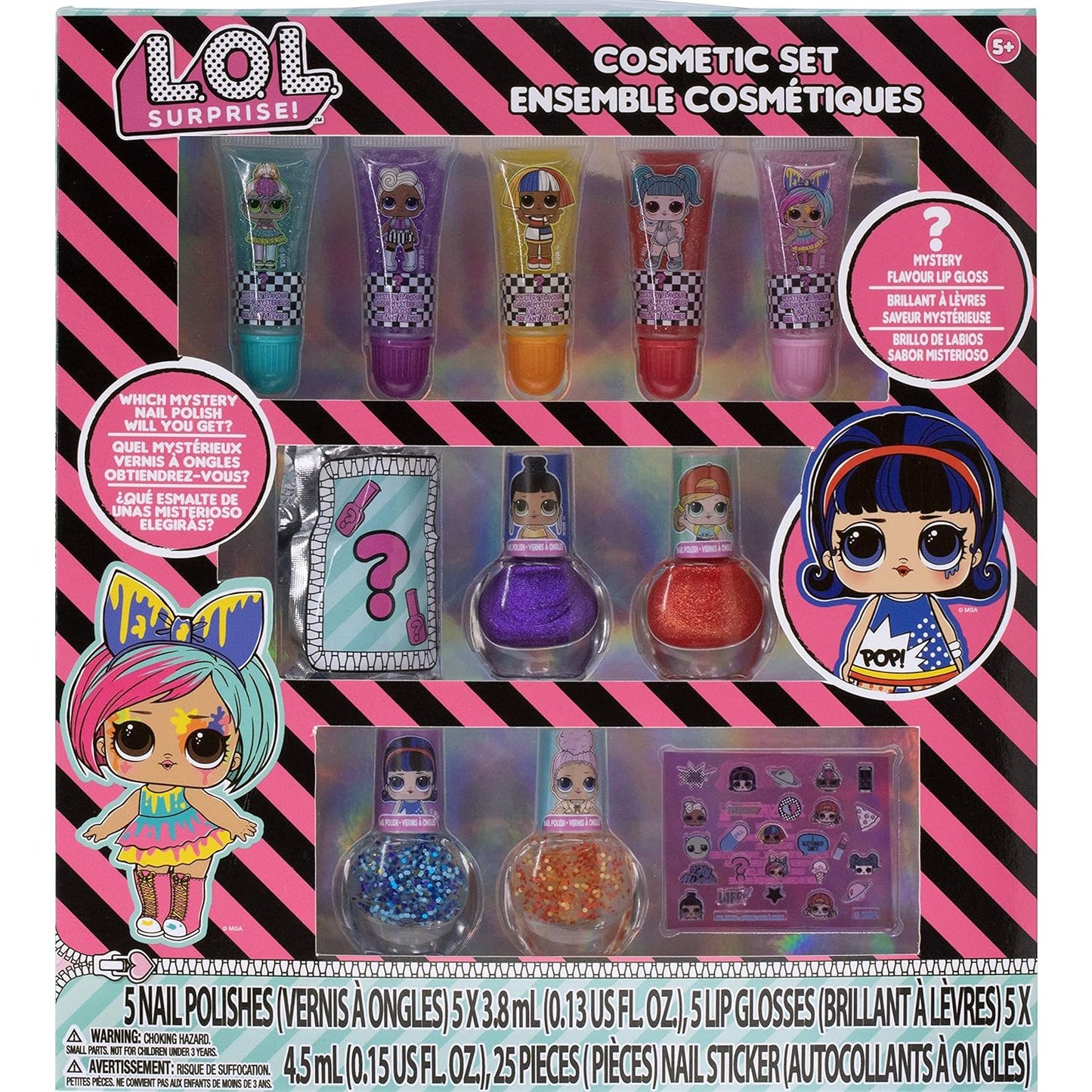 LOL Surprise Townley Girl 11 Pcs Sparkly Cosmetic Makeup Set for Kids Includes 5 Lip Gloss, 5 Nail Polish & Nail Stickers for Girls Tweens, Ages 3+ Perfect for Parties, Sleepovers and Makeovers