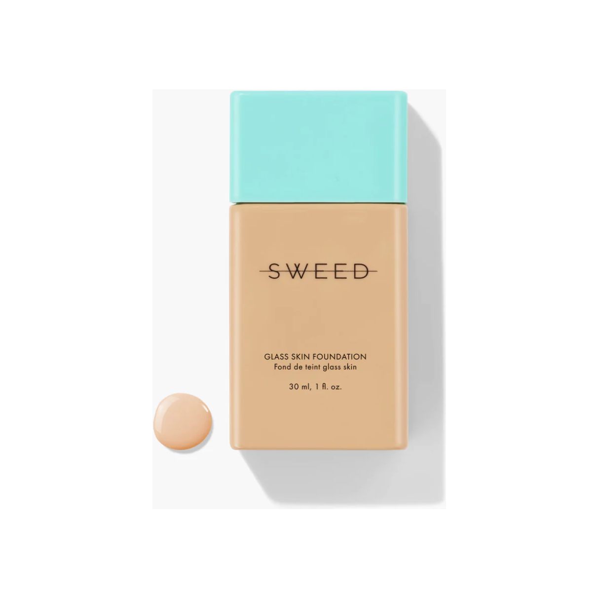 A bottle of Sweed Glass Skin Foundation with a drop of the product beside it, isolated on a white background.